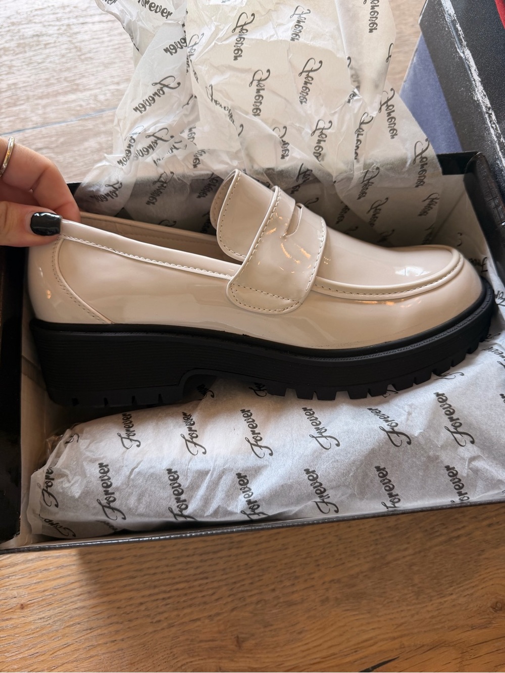 Forever Patent Cream Platform Loafers with Black Lug Sole